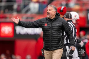 Nebraska Cornhuskers head coach Matt Rhule reacts to a play during a game against the Iowa Hawkeyes in Lincoln, NE November 24th 2023. Photo by Eric Francis
