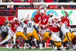 Nebraska Cornhuskers defense blocks a field goal attempt  during a game against the Iowa Hawkeyesin Lincoln, NE November 24th 2023. Photo by Eric Francis