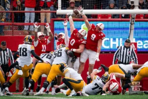 Nebraska Cornhuskers defense blocks a field goal attempt during a game against the Iowa Hawkeyes in Lincoln, NE November 24th 2023. Photo by Eric Francis