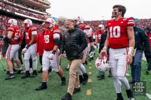 Nebraska Cornhuskers head coach Matt Rhule walks off the field with his team after a game against the Iowa Hawkeyes in Lincoln, NE November 24th 2023. Photo by Eric Francis