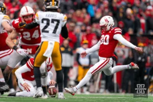 Nebraska Cornhuskers place kicker Tristan Alvano (30) kicks a field goal during a game against the Iowa Hawkeyes in Lincoln, NE November 24th 2023. Photo by Eric Francis