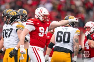 Nebraska Cornhuskers defensive lineman Riley Van Poppel (94) reacts after a tackle for loss during a game against the Iowa Hawkeyes in Lincoln, NE November 24th 2023. Photo by Eric Francis