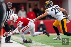 Nebraska Cornhuskers wide receiver Billy Kemp IV (1) tries to pull in a pass in front of Iowa Hawkeyes defensive back Sebastian Castro (29) during a game in Lincoln, NE November 24th 2023. Photo by Eric Francis