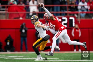 Nebraska Cornhuskers defensive back Tommi Hill (31) breaks up a pass intended for Iowa Hawkeyes tight end Steven Stilianos (86) during a game in Lincoln, NE November 24th 2023. Photo by Eric Francis