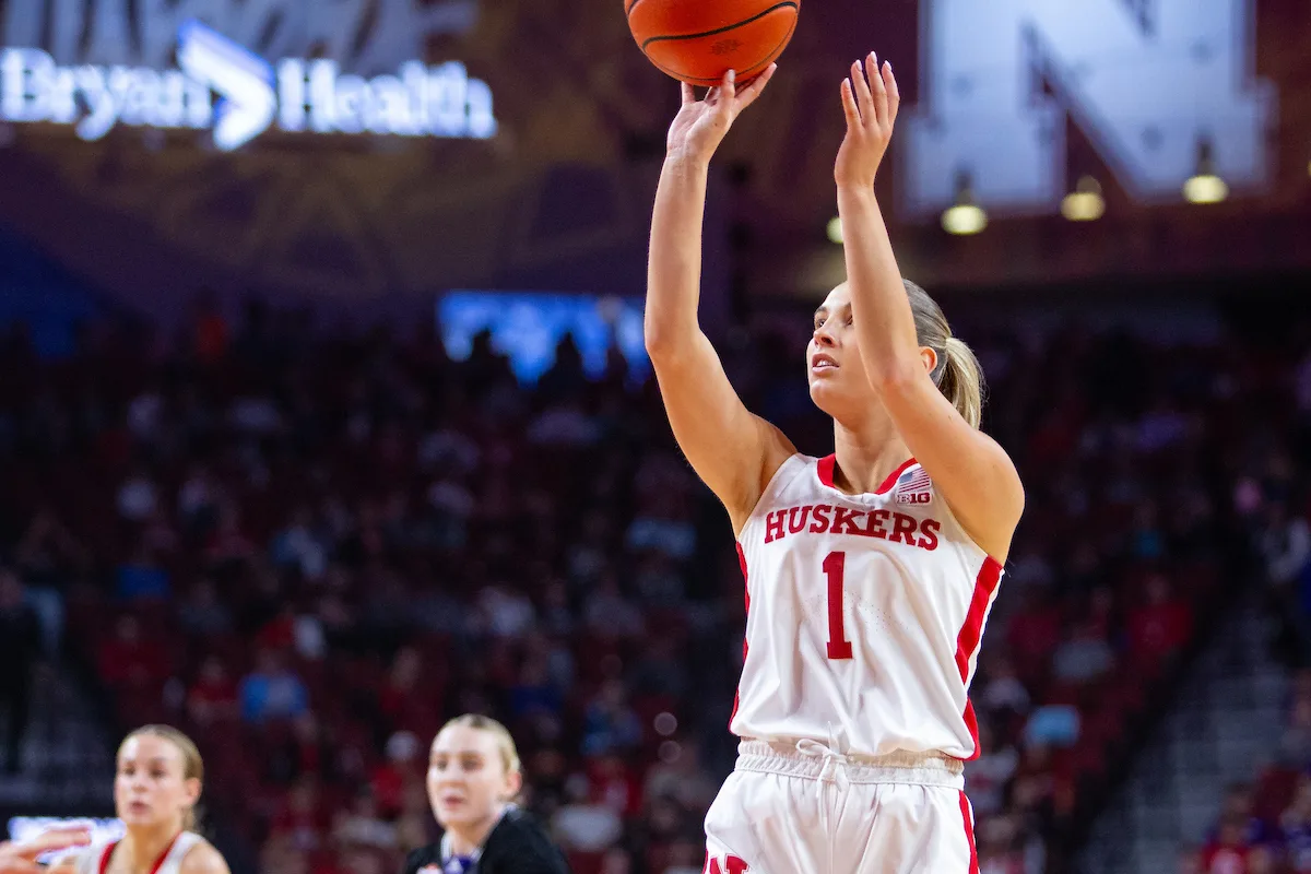 Nebraska Cornhuskers guard Jaz Shelley (1) makes a three-point shot against the Northwestern State Lady Demons during a college basketball game on Monday, November 6, 2023, in Lincoln, Nebraska. Photo by John S. Peterson.