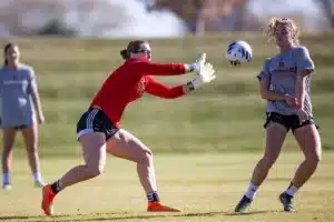 Nebraska Cornhuskers prepare for their match tomorrow in Lincoln against South Dakota State in the first round of NCAA soccer championships on Thursday, November 9, 2023, in Lincoln, Nebraska. Photo by John S. Peterson.