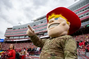Nebraska Cornhusker mascot Herbie Husker wearing camo for Veteran's Day Weekend before the game aganst the Maryland Terrapins during the football game on Saturday, November 11, 2023, in Lincoln, Nebraska. Photo by John S. Peterson.