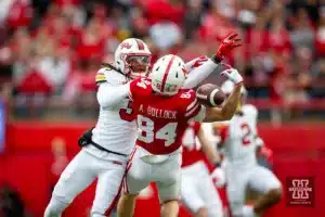 Pass to Nebraska Cornhusker wide receiver Alex Bullock (84) gets broken up by Maryland Terrapin defensive back Ja'Quan Sheppard (3) in the first quarter during the football game on Saturday, November 11, 2023, in Lincoln, Nebraska. Photo by John S. Peterson.