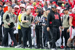 Nebraska Cornhusker head coach Matt Rhule reacts to the referee after a play on the field against the Maryland Terrapins in the first quareter during the football game on Saturday, November 11, 2023, in Lincoln, Nebraska. Photo by John S. Peterson.