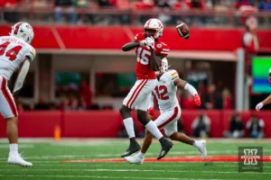 Nebraska Cornhusker wide receiver Malachi Coleman (15) misses catching the ball against the Maryland Terrapins in the second quarter during the football game on Saturday, November 11, 2023, in Lincoln, Nebraska. Photo by John S. Peterson.