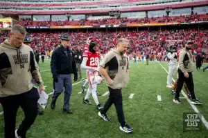 Nebraska Cornhusker head coach Matt Rhule walks off the field after the loss to the Maryland Terrapins on Saturday, November 11, 2023, in Lincoln, Nebraska. Photo by John S. Peterson.