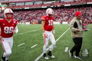 Nebraska Cornhusker quarterback Heinrich Haarberg (10) walks off the field after the game against the Maryland Terrapins on Saturday, November 11, 2023, in Lincoln, Nebraska. Photo by John S. Peterson.