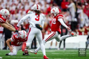 Nebraska Cornhusker place kicker Tristan Alvano (30) makes a field goal to put the Huskers ahead of the Maryland Terrapins in the third quarter during the football game on Saturday, November 11, 2023, in Lincoln, Nebraska. Photo by John S. Peterson.