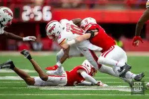 Nebraska Cornhusker linebacker Nick Henrich (3) tackles Maryland Terrapin wide receiver Tai Felton (10) in the third quarter during the football game on Saturday, November 11, 2023, in Lincoln, Nebraska. Photo by John S. Peterson.