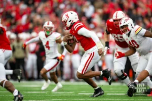 Nebraska Cornhusker quarterback Jeff Sims (7) runs with the ball against the Maryland Terrapins in the third quarter during the football game on Saturday, November 11, 2023, in Lincoln, Nebraska. Photo by John S. Peterson.