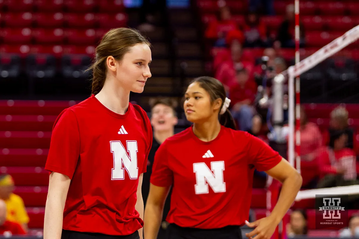 Nebraska Cornhusker Bergen Reilly (2) warms  up before taking on the Illinois Fighting Illini during the volleyball match on Sunday, November 12, 2023, in Lincoln, Nebraska. Photo by John S. Peterson.