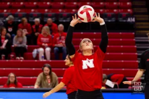 Nebraska Cornhusker Laney Choboy (6) warms up before taking on the Illinois Fighting Illini during the volleyball match on Sunday, November 12, 2023, in Lincoln, Nebraska. Photo by John S. Peterson.