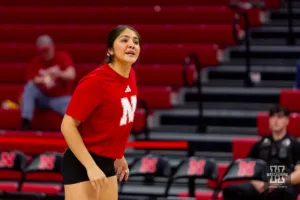 Nebraska Cornhusker Lexi Rodriguez (8) warms up before taking on the Illinois Fighting Illini during the volleyball match on Sunday, November 12, 2023, in Lincoln, Nebraska. Photo by John S. Peterson.