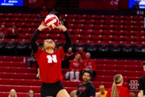 Nebraska Cornhusker Maisie Boesiger (7) warms up before taking on the Illinois Fighting Illini during the volleyball match on Sunday, November 12, 2023, in Lincoln, Nebraska. Photo by John S. Peterson.