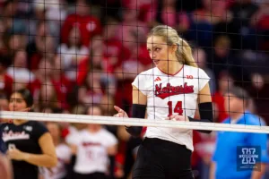 Nebraska Cornhusker Ally Batenhorst (14) looks over for instructions against the Illinois Fighting Illini in the first set during the volleyball match on Sunday, November 12, 2023, in Lincoln, Nebraska. Photo by John S. Peterson.
