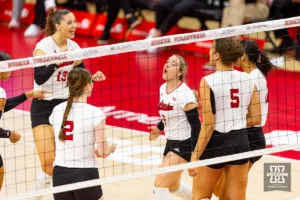 Nebraska Cornhusker celebrate a point against  the Illinois Fighting Illini in the first set during the volleyball match on Sunday, November 12, 2023, in Lincoln, Nebraska. Photo by John S. Peterson.