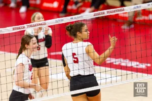 Nebraska Cornhusker Bekka Allick (5) shakes her finger after scoring a point against the Illinois Fighting Illini in the first set during the volleyball match on Sunday, November 12, 2023, in Lincoln, Nebraska. Photo by John S. Peterson.