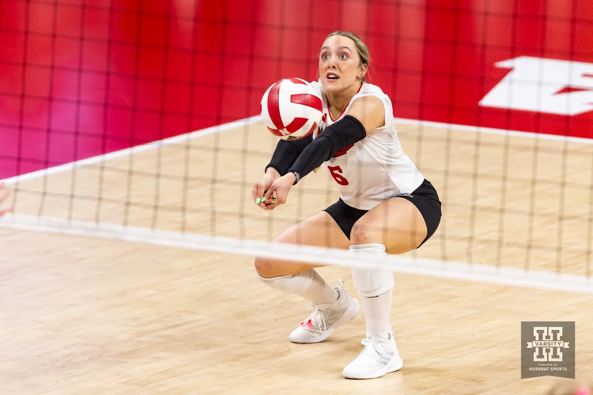 Nebraska freshman Laney Choboy (6) digs the ball against the Illinois Fighting Illini in the second set during the volleyball match on Sunday, November 12, 2023, in Lincoln, Nebraska. Photo by John S. Peterson.