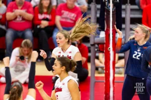 Nebraska Cornhusker Ally Batenhorst (14) reacts to a score against the Illinois Fighting Illini in the second set during the volleyball match on Sunday, November 12, 2023, in Lincoln, Nebraska. Photo by John S. Peterson.