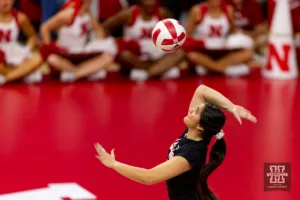 Nebraska Cornhusker Lexi Rodriguez (8) serves the ball against the Illinois Fighting Illini in the third set during the volleyball match on Sunday, November 12, 2023, in Lincoln, Nebraska. Photo by John S. Peterson.