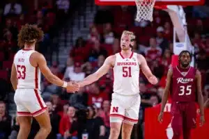 Nebraska Cornhusker forward Josiah Allick (53) and forward Rienk Mast (51) give each other five in the first half during the basketball game against the Rider Broncs on Monday, November 13, 2023, in Lincoln, Nebraska. Photo by John S. Peterson.