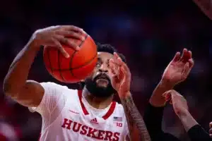 Nebraska Cornhusker guard Jamarques Lawrence (10) goes for a layup agaist the Rider Broncs in the first half during the basketball game on Monday, November 13, 2023, in Lincoln, Nebraska. Photo by John S. Peterson.