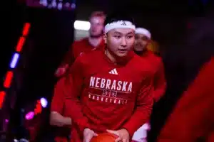 Nebraska Cornhusker guard Keisei Tominaga (30) runs out on to the court before the basketball game against the Rider Broncs on Monday, November 13, 2023, in Lincoln, Nebraska. Photo by John S. Peterson.