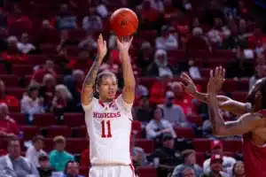 Nebraska Cornhusker guard Eli Rice (11) makes a three point shot against the Rider Broncs in the first half during the basketball game on Monday, November 13, 2023, in Lincoln, Nebraska. Photo by John S. Peterson.