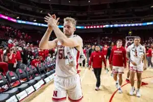 Nebraska Cornhusker forward Rienk Mast (51) claps for the fans after the win over the Rider Broncs during the basketball game on Monday, November 13, 2023, in Lincoln, Nebraska. Photo by John S. Peterson.