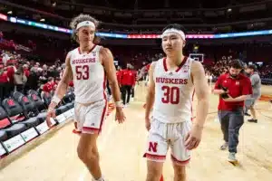 Nebraska Cornhusker forward Josiah Allick (53) and guard Keisei Tominaga (30) walk off the court after the win over the Rider Broncs during the basketball game on Monday, November 13, 2023, in Lincoln, Nebraska. Photo by John S. Peterson.