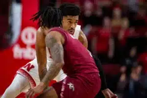 Nebraska Cornhusker guard Jamarques Lawrence (10) brings the ball down the court against the Rider Broncs in the second half during the basketball game on Monday, November 13, 2023, in Lincoln, Nebraska. Photo by John S. Peterson.
