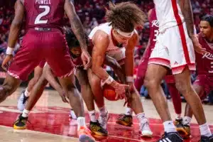 Nebraska Cornhusker forward Josiah Allick (53) fights for the ball against the Rider Broncs in the second half during the basketball game on Monday, November 13, 2023, in Lincoln, Nebraska. Photo by John S. Peterson.