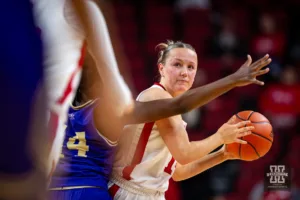 Nebraska Cornhusker guard Callin Hake (14) looks for the pass against Alcorn State Lady Brave forward Arene Iyekekpolor (14) in the first half during the basketball game on Tuesday, November 14, 2023, in Lincoln, Nebraska. Photo by John S. Peterson.