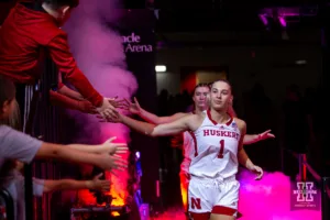 Nebraska Cornhusker guard Jaz Shelley (1) leads the Huskers out on to the court for the basketball game against the Alcorn State Lady Braves on Tuesday, November 14, 2023, in Lincoln, Nebraska. Photo by John S. Peterson.