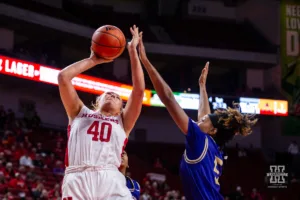 Nebraska Cornhusker center Alexis Markowski (40) puts up a layup against Alcorn State Lady Brave forward Destiny Brown (5) in the first half during the basketball game on Tuesday, November 14, 2023, in Lincoln, Nebraska. Photo by John S. Peterson.