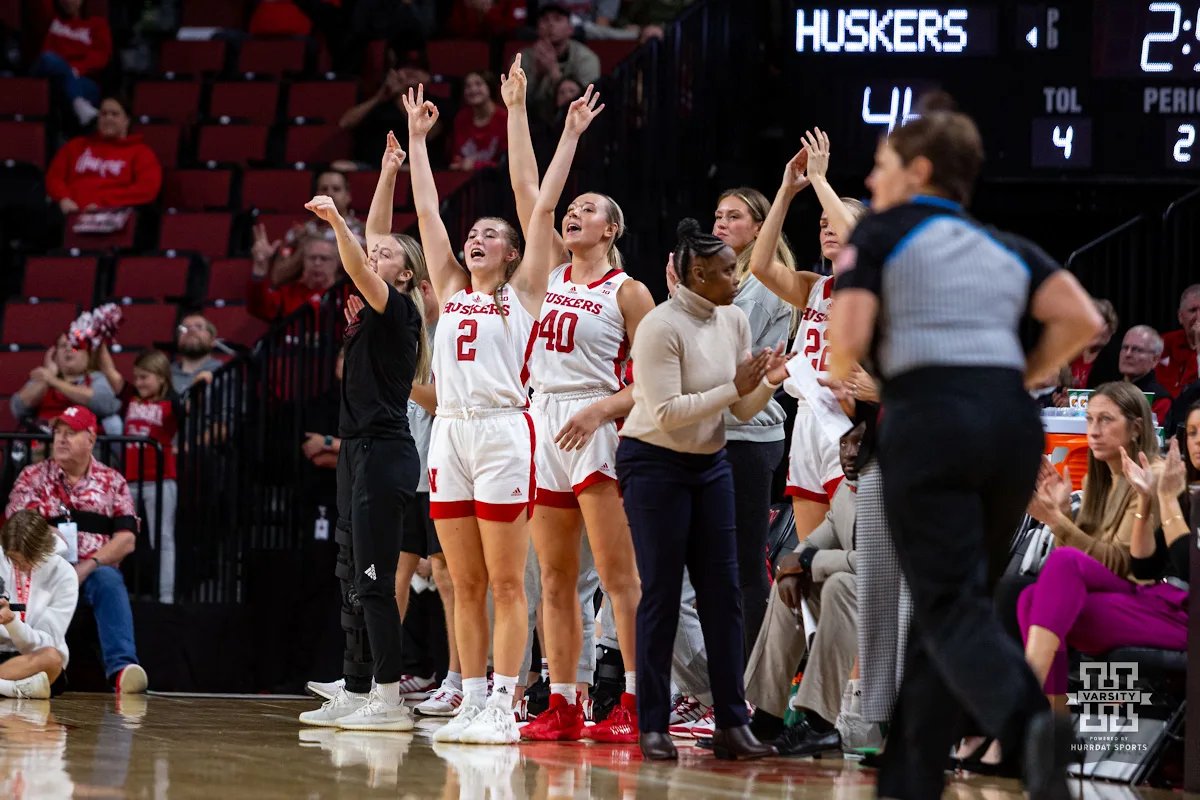 Nebraska Cornhuskers celebrate a three point shot against the Alcorn State Lady Braves in the first half during the basketball game on Tuesday, November 14, 2023, in Lincoln, Nebraska. Photo by John S. Peterson.
