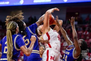 Nebraska Cornhusker center Alexis Markowski (40) gets fouled by Alcorn State Lady Brave forward Destiny Brown (5) in the second half during the basketball game on Tuesday, November 14, 2023, in Lincoln, Nebraska. Photo by John S. Peterson.