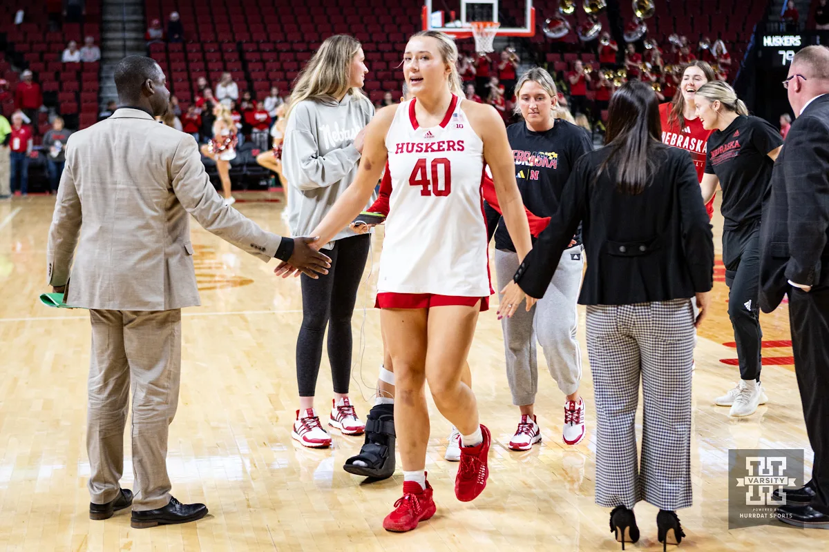 Nebraska Cornhusker center Alexis Markowski (40) walks to the lockerroom after the win over  the Alcorn State Lady Braves during the basketball game on Tuesday, November 14, 2023, in Lincoln, Nebraska. Photo by John S. Peterson.