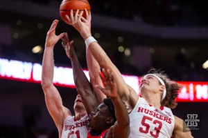 Nebraska Cornhusker forward Rienk Mast (51) and forward Josiah Allick (53) reach for the rebound against the Stony Brook Seawolves in the first half during the basketball game on Wednesday, November 15, 2023, in Lincoln, Nebraska. Photo by John S. Peterson.