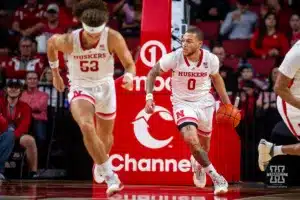 Nebraska Cornhusker guard C.J. Wilcher (0) bringthe ball down the court against the Stony Brook Seawolves in the first half during the basketball game on Wednesday, November 15, 2023, in Lincoln, Nebraska. Photo by John S. Peterson.