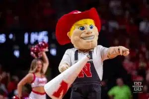 Nebraska Cornhuskers mascot Herbie Husker entertains the crowd at a break in the action against the Stony Brook Seawolves in the first half during the basketball game on Wednesday, November 15, 2023, in Lincoln, Nebraska. Photo by John S. Peterson.