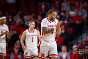 Nebraska Cornhusker guard C.J. Wilcher (0) celebrates a basket in the first half against the Stony Brook Seawolves during the basketball game on Wednesday, November 15, 2023, in Lincoln, Nebraska. Photo by John S. Peterson.