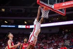 Nebraska Cornhusker guard Brice Williams (3) makes a dunk against the Stony Brook Seawolves in the second half during the basketball game on Wednesday, November 15, 2023, in Lincoln, Nebraska. Photo by John S. Peterson.