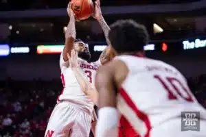 Nebraska Cornhusker guard Brice Williams (3) puts up a layup against the Stony Brook Seawolves during the basketball game on Wednesday, November 15, 2023, in Lincoln, Nebraska. Photo by John S. Peterson.