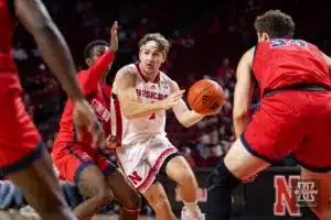 Nebraska Cornhusker guard Sam Hoiberg (1) drives to the lane against the Stony Brook Seawolves in the second half during the basketball game on Wednesday, November 15, 2023, in Lincoln, Nebraska. Photo by John S. Peterson.